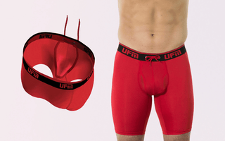 Inside and outside view of UFM mens underwear for leakage compatible with most incontinence guards