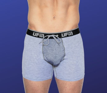 A man wears gray UFM pouch underwear for comfortable ball support