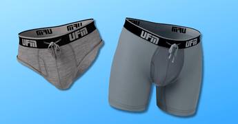 An image shows gray UFM briefs beside gray UFM boxer briefs