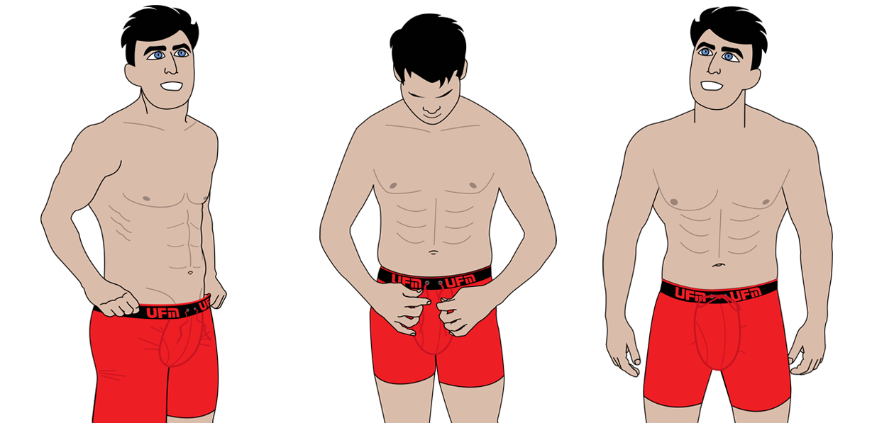 Three images of a man to demonstrate how to wear UFM for scrotal support, including putting the pouch underwear on, tying the adjustable support drawstrings, and experiencing the comfort of testicular support.