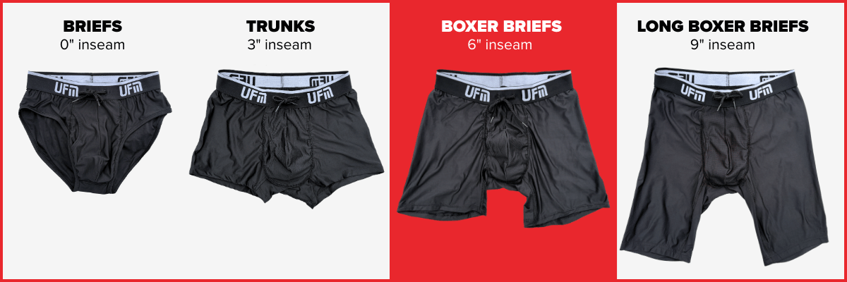 Comparison of the various styles of UFM underwear including 0 inch briefs, 3 inch trunks, 6 inch boxer briefs, and long boxer briefs, highlighting the 6 inch boxer briefs.