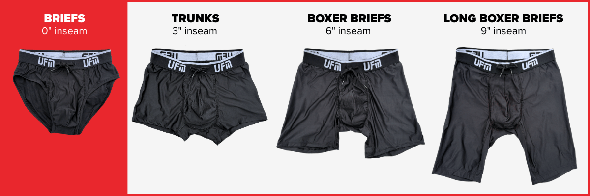 Comparison of the various styles of UFM underwear including 0 inch briefs, 3 inch trunks, 6 inch boxer briefs, and long boxer briefs, highlighting the 0 inch briefs.