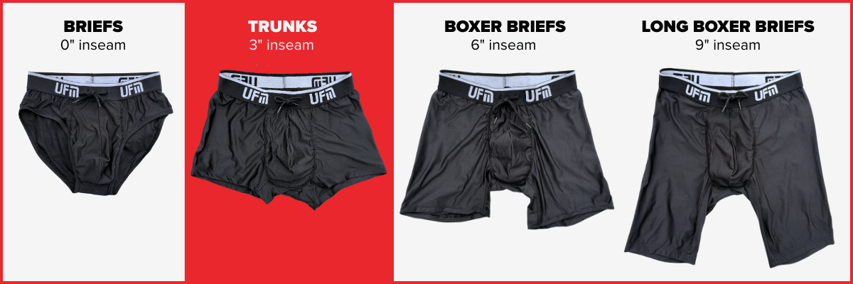 Comparison of the various styles of UFM underwear including 0 inch briefs, 3 inch trunks, 6 inch boxer briefs, and long boxer briefs, highlighting the 3 inch trunks.