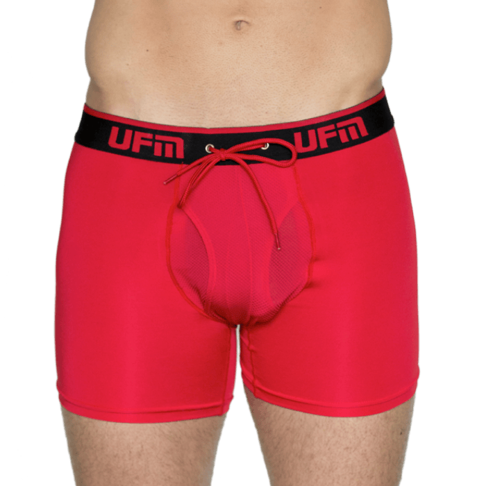 A man wears red UFM boxer briefs for comfort following a vasectomy