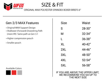 Parent UFM Underwear for Men for scrotal support Polyester 6 inch Original Max Boxer Brief Size chart