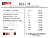 UFM Underwear for Men with a Pouch for scrotal support Polyester 6 inch Max Boxer Brief Size chart