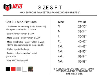 UFM Underwear for Men with a Pouch for scrotal support Polyester 6 inch Max Boxer Brief Size chart