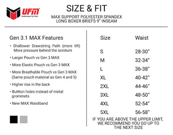 Parent UFM Underwear for Men Everyday Polyester 9 inch MAX Long Boxer Brief Size chart