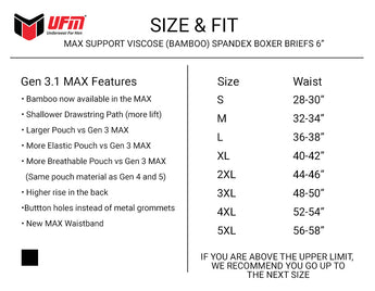 Parent UFM Underwear for Men Everyday Bamboo 6 inch Max Boxer Brief Size chart