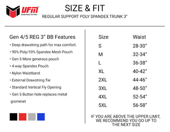 UFM Men's Underwear with a Pouch for scrotal support Polyester 3 inch Trunk Size chart